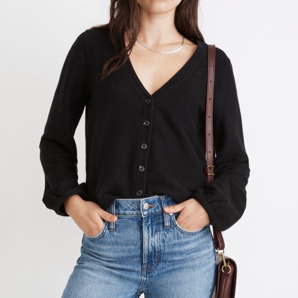 NWOT Madewell Bubble-Sleeve Cardigan Top Black Cotton Elevated Basic Sz Small